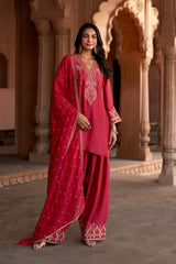 Jashn Rani Pink Orange Zari Farshi Set, rani pink kurta with orange zari embroidery, farshi and organza dupatta, image 6 of 12