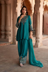 Jashn Bottle Green Embroidered Farshi Set, bottle green embroidered kurta with farshi and organza dupatta, image 2 of 11