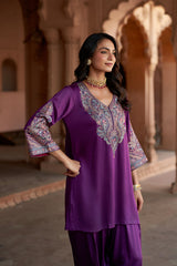 Jashn Wine Aari Embroidered Salwar Set, wine aari paisley embroidered kurta salwar with organza dupatta, image 11 of 12