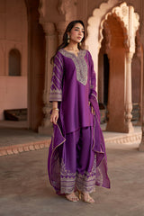 Jashn Wine Hand Embroidered Farshi Set, wine hand embroidered kurta with farshi and organza dupatta, image 1 of 13