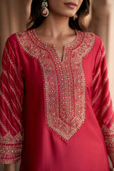 Jashn Rani Pink Zari Yoke Salwar Set, rani pink hand embroidered zari yoke kurta salwar with organza dupatta, image 4 of 12