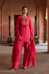 Jashn Hot Pink Embroidered Farshi Set, hot pink modal kurta with embroidered farshi and organza dupatta, image 6 of 10