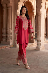 Jashn Rani Pink Zari Yoke Salwar Set, rani pink hand embroidered zari yoke kurta salwar with organza dupatta, image 3 of 12