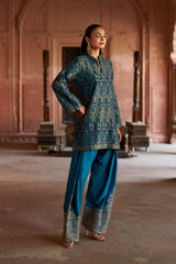 Jashn Teal Ikkat Brocade Farshi Set, teal ikkat brocade kurta with embroidered modal farshi, image 1 of 10