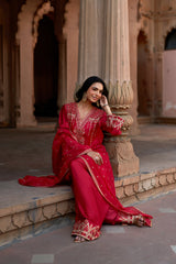Jashn Rani Pink Orange Zari Farshi Set, rani pink kurta with orange zari embroidery, farshi and organza dupatta, image 9 of 12