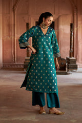 Jashn Teal Brocade Kurta Set, teal satin brocade kurta with striped brocade pants, image 5 of 7