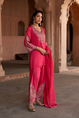 Jashn Hot Pink Aari Embroidered Salwar Set, hot pink aari paisley embroidered kurta salwar with organza dupatta, image 4 of 10
