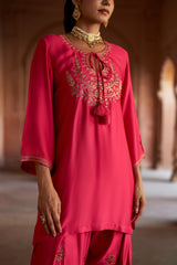 Jashn Hot Pink Embroidered Farshi Set, hot pink modal kurta with embroidered farshi and organza dupatta, image 5 of 10