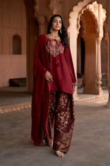 Jashn Maroon Embroidered Brocade Farshi Set, maroon embroidered kurta with brocade farshi and organza dupatta, image 1 of 12