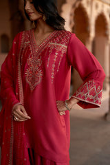 Jashn Rani Pink Orange Zari Farshi Set, rani pink kurta with orange zari embroidery, farshi and organza dupatta, image 7 of 12