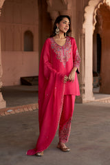Jashn Hot Pink Aari Embroidered Salwar Set, hot pink aari paisley embroidered kurta salwar with organza dupatta, image 3 of 10