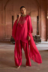 Jashn Hot Pink Embroidered Farshi Set, hot pink modal kurta with embroidered farshi and organza dupatta, image 4 of 10