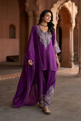 Jashn Wine Aari Embroidered Salwar Set, wine aari paisley embroidered kurta salwar with organza dupatta, image 2 of 12