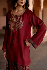 Jashn Maroon Embroidered Brocade Farshi Set, maroon embroidered kurta with brocade farshi and organza dupatta, image 8 of 12