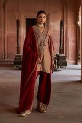 Jashn Gold Maroon Tissue Embroidered Farshi Set, gold maroon tissue kurta with modal farshi and organza dupatta, image 6 of 11