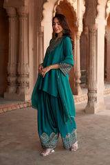 Jashn Bottle Green Embroidered Farshi Set, bottle green embroidered kurta with farshi and organza dupatta, image 5 of 11