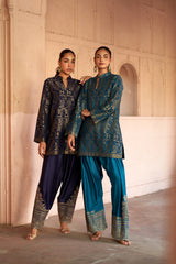 Jashn Navy Ikkat Brocade Salwar Set styled with Jashn Teal Ikkat Brocade Farshi Set, navy ikkat brocade kurta with embroidered modal salwar