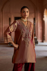 Jashn Gold Maroon Tissue Embroidered Farshi Set, gold maroon tissue kurta with modal farshi and organza dupatta, image 5 of 11