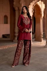 Jashn Maroon Embroidered Brocade Farshi Set, maroon embroidered kurta with brocade farshi and organza dupatta, image 7 of 12