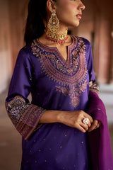 Jashn Purple Brocade Embroidered Salwar Set, purple brocade kurta salwar with embroidered patchwork and organza dupatta, image 3 of 9