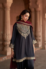Jashn Black Embroidered Salwar Set with Wine Dupatta, black paisley embroidered kurta salwar with wine organza dupatta, image 2 of 12