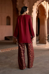 Jashn Maroon Embroidered Brocade Farshi Set, maroon embroidered kurta with brocade farshi and organza dupatta, image 9 of 12