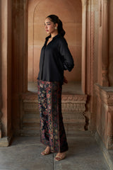 Jashn Black Brocade Co-ord Set, black satin shirt with peacock brocade wide-leg pants, image 4 of 6
