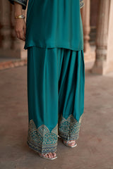 Jashn Bottle Green Embroidered Farshi Set, bottle green embroidered kurta with farshi and organza dupatta, image 6 of 11