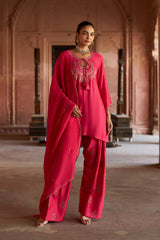 Jashn Hot Pink Embroidered Farshi Set, hot pink modal kurta with embroidered farshi and organza dupatta, image 1 of 10