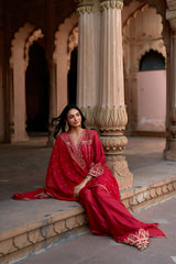 Jashn Rani Pink Orange Zari Farshi Set, rani pink kurta with orange zari embroidery, farshi and organza dupatta, image 11 of 12