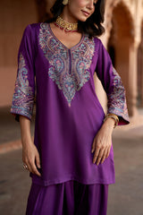 Jashn Wine Aari Embroidered Salwar Set, wine aari paisley embroidered kurta salwar with organza dupatta, image 3 of 12