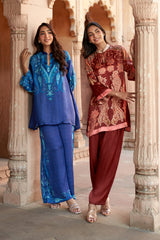 Jashn Maroon Printed Salwar Set styled with Jashn Indigo Paisley Printed Co-ord Set, maroon paisley print modal kurta with solid salwar
