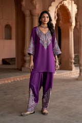 Jashn Wine Aari Embroidered Salwar Set, wine aari paisley embroidered kurta salwar with organza dupatta, image 4 of 12