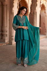 Jashn Bottle Green Embroidered Farshi Set, bottle green embroidered kurta with farshi and organza dupatta, image 1 of 11