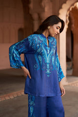 Jashn Indigo Paisley Printed Co-ord Set, indigo paisley print modal tunic with wide-leg pants, image 7 of 13