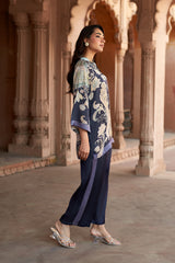 Jashn Navy Contrast Printed Co-ord Set, navy paisley print modal tunic with straight pants, image 3 of 11