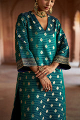 Jashn Teal Brocade Kurta Set, teal satin brocade kurta with striped brocade pants, image 3 of 7