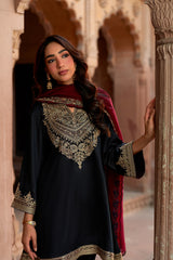 Jashn Black Embroidered Salwar Set with Wine Dupatta, black paisley embroidered kurta salwar with wine organza dupatta, image 6 of 12