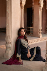 Jashn Black Embroidered Salwar Set with Wine Dupatta, black paisley embroidered kurta salwar with wine organza dupatta, image 8 of 12
