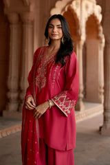 Jashn Rani Pink Orange Zari Farshi Set, rani pink kurta with orange zari embroidery, farshi and organza dupatta, image 5 of 12