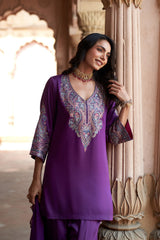 Jashn Wine Aari Embroidered Salwar Set, wine aari paisley embroidered kurta salwar with organza dupatta, image 5 of 12