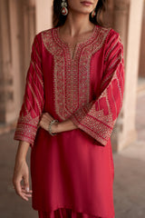 Jashn Rani Pink Zari Yoke Salwar Set, rani pink hand embroidered zari yoke kurta salwar with organza dupatta, image 7 of 12