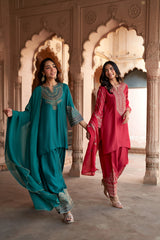 Jashn Rani Pink Zari Yoke Salwar Set styled with Jashn Bottle Green Embroidered Farshi Set, rani pink hand embroidered zari yoke kurta salwar with organza dupatta