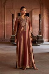 Jashn Maroon Tissue Embroidered Kaftan, maroon tissue kaftan with zari paisley embroidery, image 3 of 10
