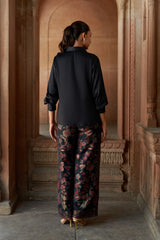 Jashn Black Brocade Co-ord Set, black satin shirt with peacock brocade wide-leg pants, image 6 of 6