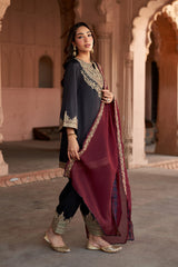 Jashn Black Embroidered Salwar Set with Wine Dupatta, black paisley embroidered kurta salwar with wine organza dupatta, image 7 of 12