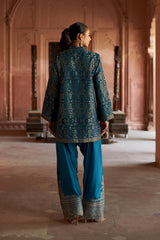 Jashn Teal Ikkat Brocade Farshi Set, teal ikkat brocade kurta with embroidered modal farshi, image 5 of 10