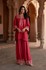 Jashn Rani Pink Orange Zari Farshi Set, rani pink kurta with orange zari embroidery, farshi and organza dupatta, image 4 of 12