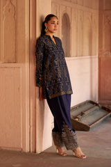 Jashn Navy Ikkat Brocade Salwar Set, navy ikkat brocade kurta with embroidered modal salwar, image 6 of 8