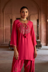 Jashn Hot Pink Embroidered Farshi Set, hot pink modal kurta with embroidered farshi and organza dupatta, image 2 of 10